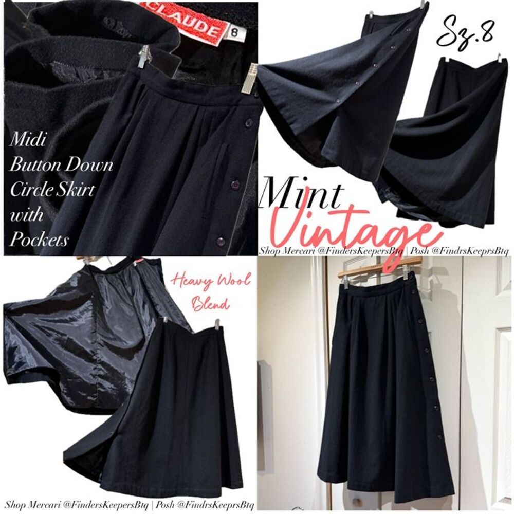 MINT VTG Black Wool High Waisted Button Down A Line Circle Skirt w/ Pockets 8